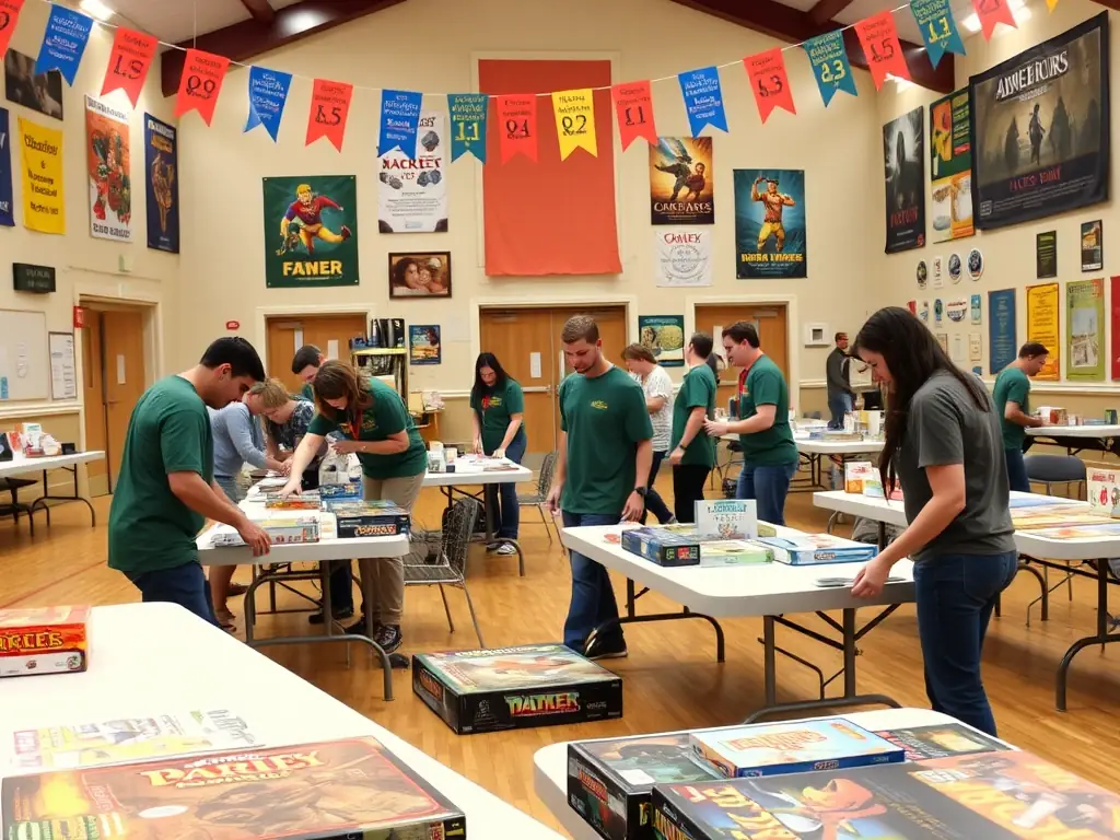 A photograph showcasing volunteers from ESPRIT LUDIQUE organizing and setting up a gaming event for a local community. The volunteers are working together efficiently, arranging tables, games, and promotional materials. The setting is a community hall, decorated with colorful banners and posters to create a welcoming atmosphere.