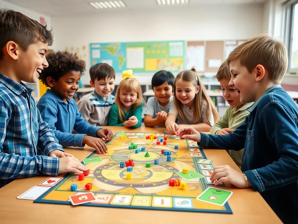 A photograph depicting a group of children participating in a game-based learning activity facilitated by ESPRIT LUDIQUE. The children are focused and engaged, using tabletop games to develop problem-solving skills and teamwork. The setting is a bright and colorful classroom, filled with educational resources and games.