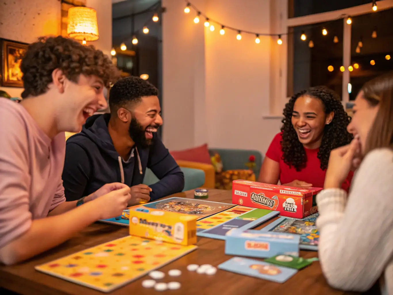 A photograph capturing a diverse group of people enthusiastically playing a board game at one of ESPRIT LUDIQUE's community game nights. The setting is warm and inviting, with soft lighting and tables arranged to encourage interaction. The players are smiling and engaged, showcasing the fun and social atmosphere of the event.