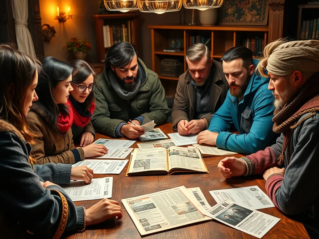 A diverse group of adults participating in a tabletop role-playing game session, highlighting the collaborative storytelling and problem-solving aspects.